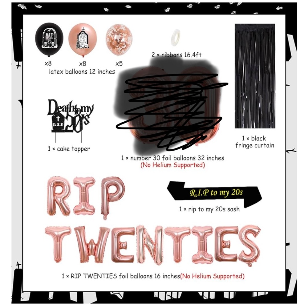 30th birthday Party Decoration Set - Rose Gold and Black (RIP 20s)